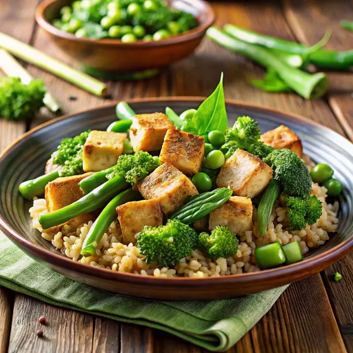 Tumis Sayur Hijau dengan Tempe dan Bijian Utuh